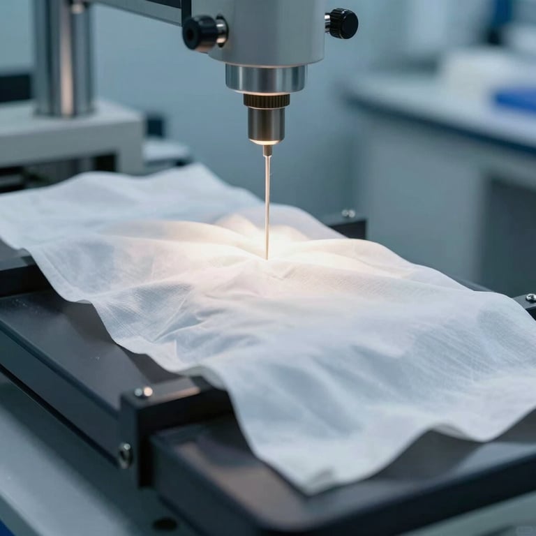 Macro photograph of white clinical fabric undergoing tensile strength testing in a bright laboratory, precise mechanical clamp visible, sterile blue background.