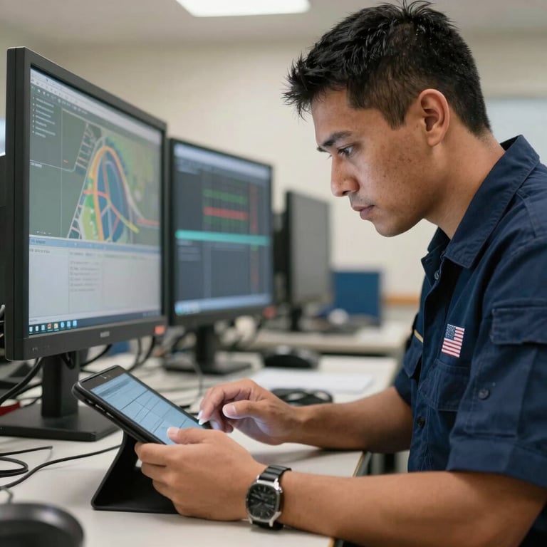 A South American technician in a professional navy blue uniform checking a digital monitoring system on a tablet.