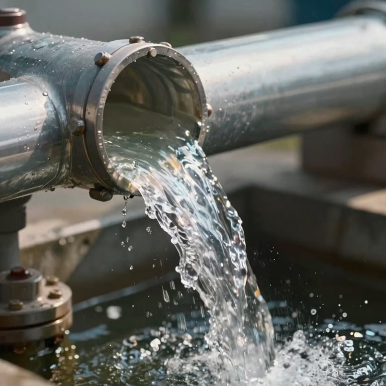 A sharp, clear close-up of pure water rushing through a transparent industrial pipe, illuminated by soft sunlight.