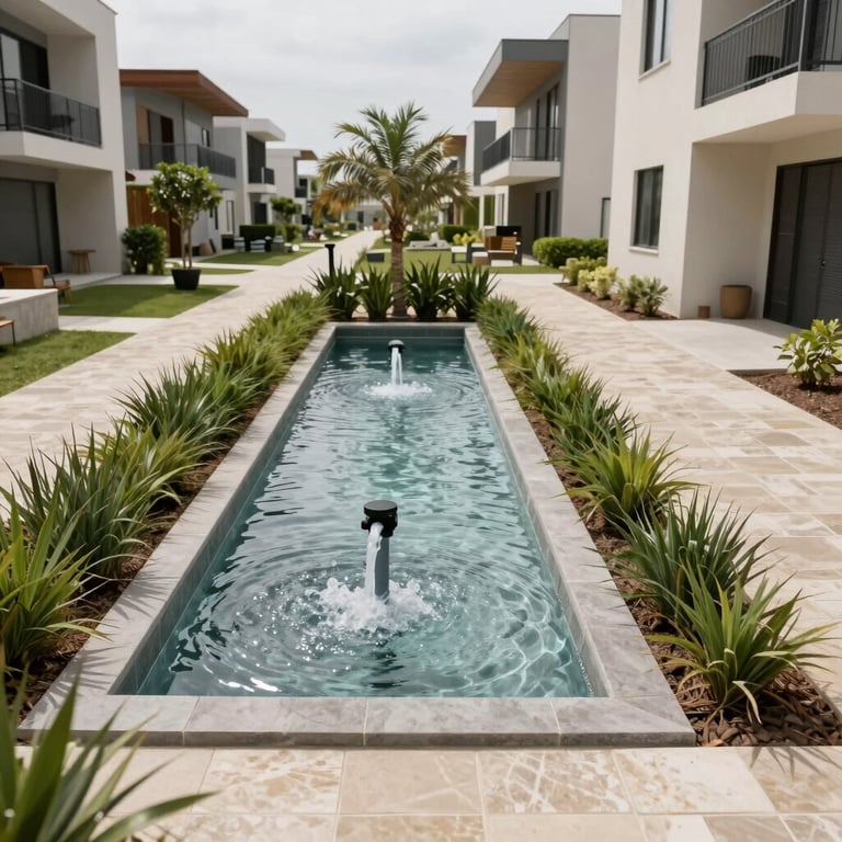 Wide shot of a modern residential development in Mexico featuring an integrated, discreet ecological water recycling system.