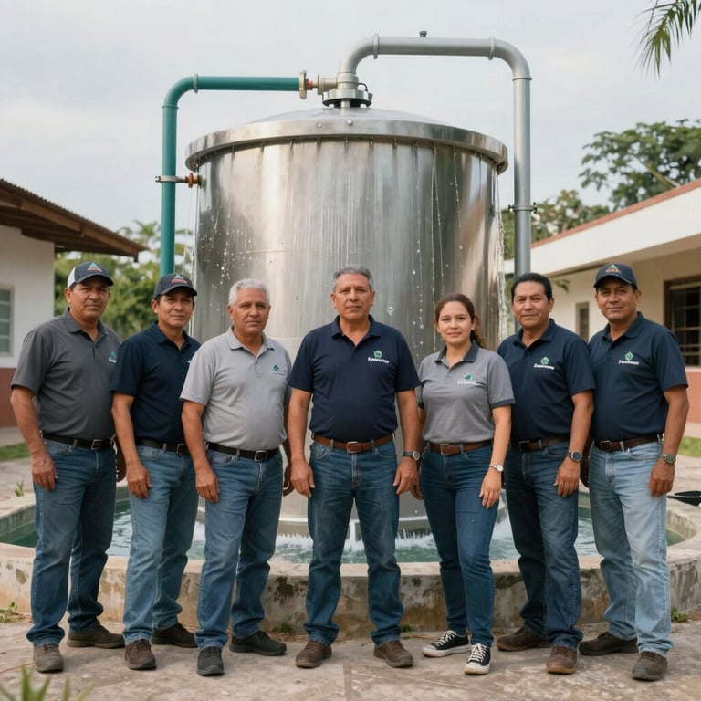 The Estampa Ecológica technical team standing together in front of a recently installed water plant in Mexico.