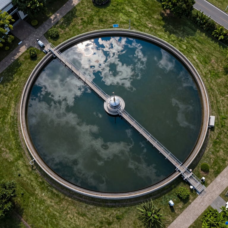 Aerial view of a circular secondary clarifier tank, the water reflecting the blue sky, surrounded by well-maintained green spaces.