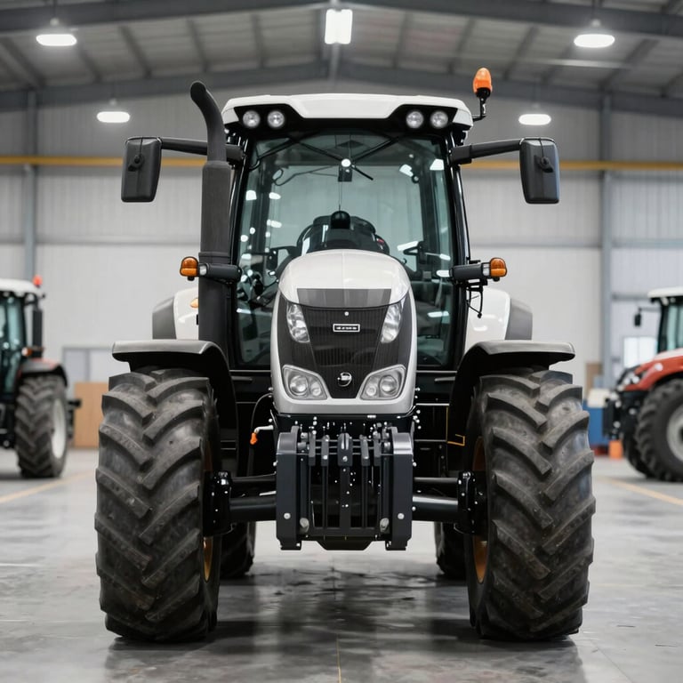 A heavy-duty agricultural tractor, front view, in a clean warehouse setting with professional lighting, incorporating #2F3E46 tones.