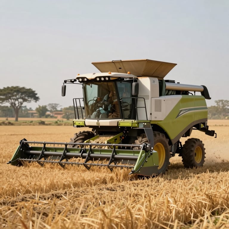 A modern harvester in an Ethiopian grain field, cinematic composition, highlighting efficiency and agricultural expertise.