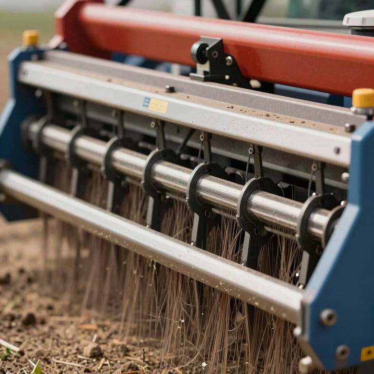 Close-up of a high-precision seeder machine in operation, focusing on uniform seed distribution and innovative technology.