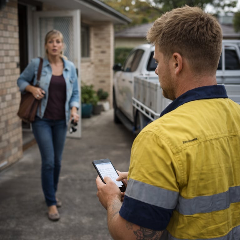 A tradie in hi-vis gear uses a mobile app to check job details at a customer's home.
