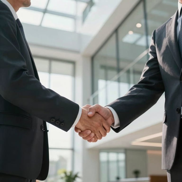 A confident handshake between two businessmen in a bright, modern corporate lobby with high ceilings and glass walls.