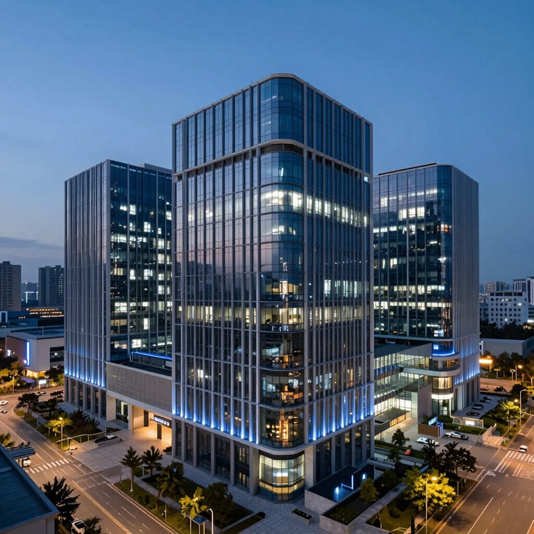 High-angle architectural shot of a contemporary corporate building in a tech hub at twilight with blue ambient lighting.