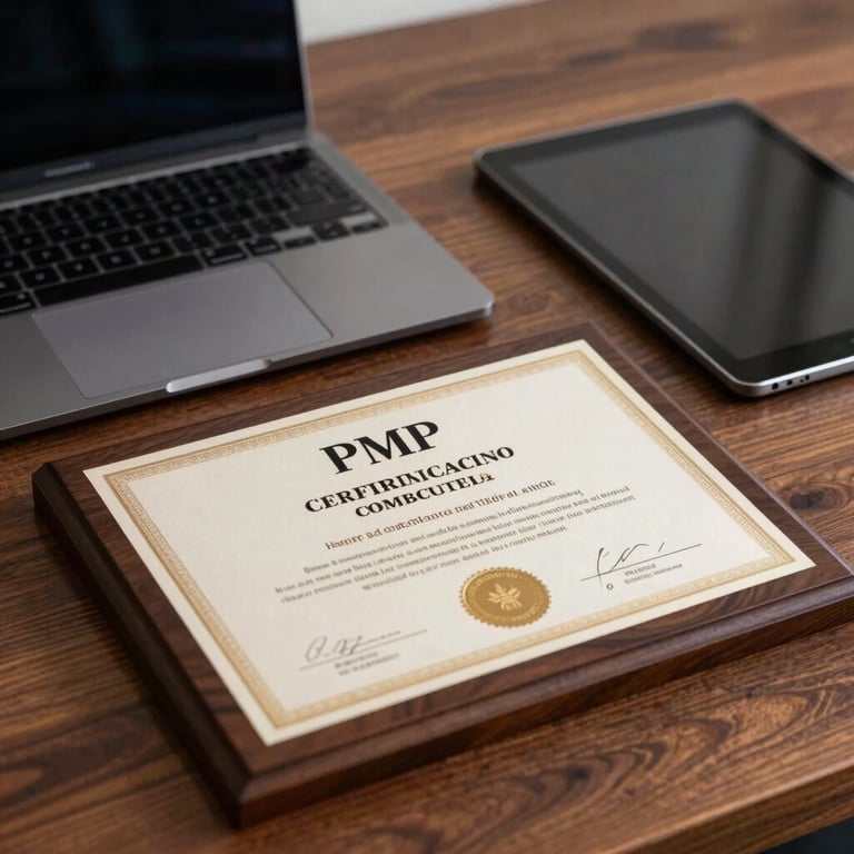 Close-up of a PMP certification plaque resting on a polished mahogany desk next to a sleek laptop and digital tablet.