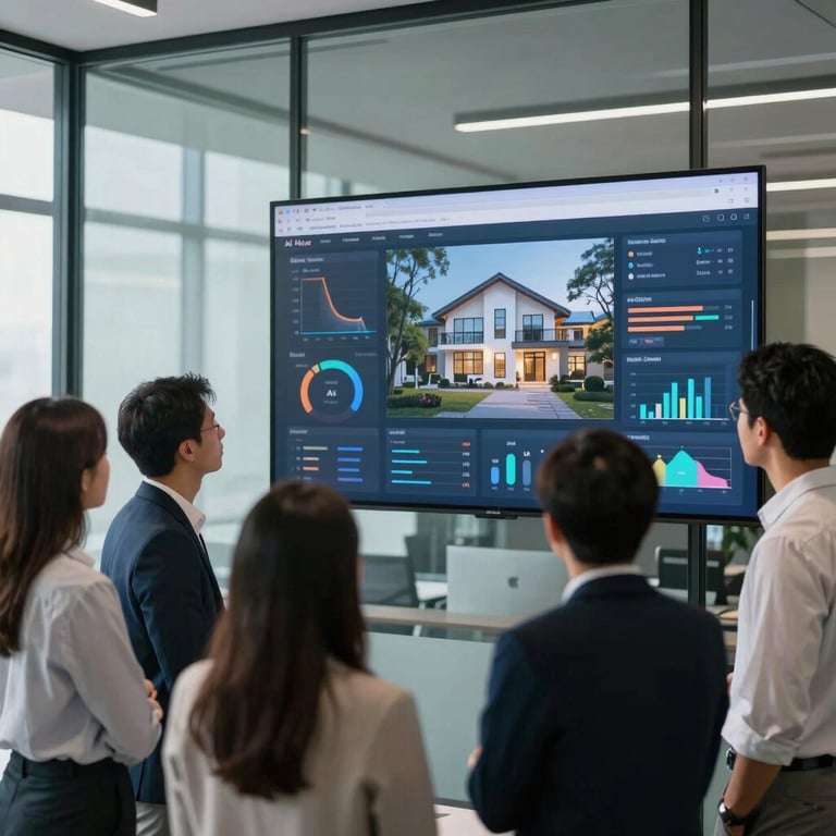 A group of professionals in a modern glass office looking at a large wall monitor displaying AI-driven real estate analytics.