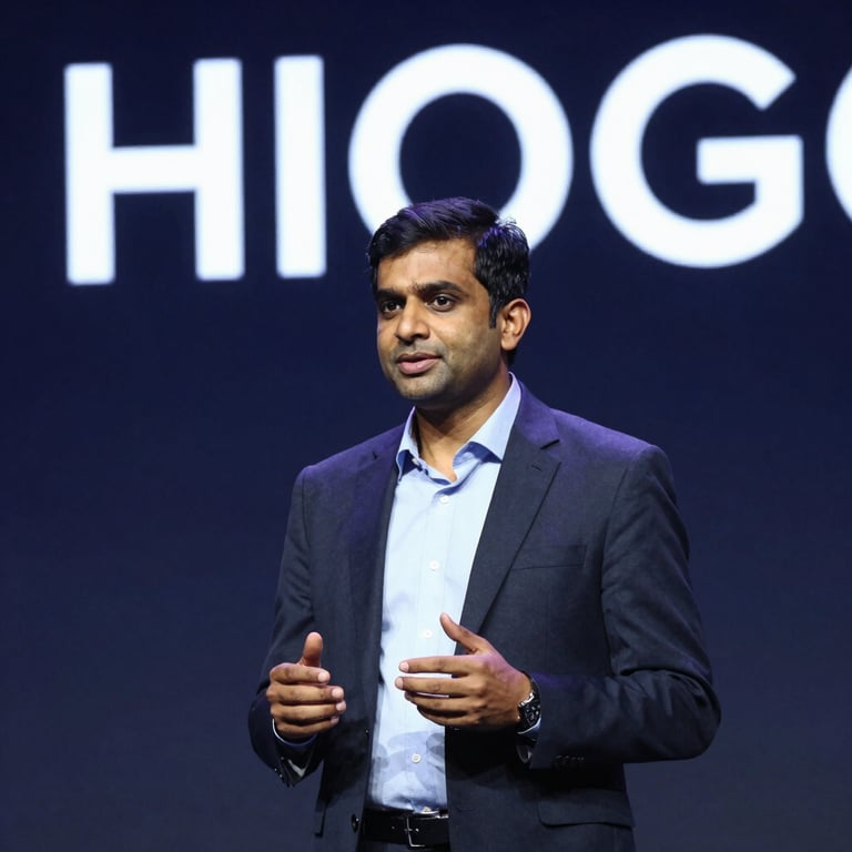 A South Asian / Global Professional executive delivering a keynote speech at a major technology conference, professional lighting, deep navy background.