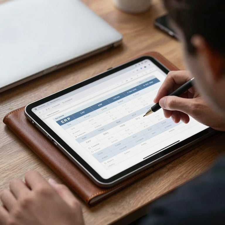 A focused professional workplace featuring a leather-bound notebook and a tablet showing ERP system workflows.