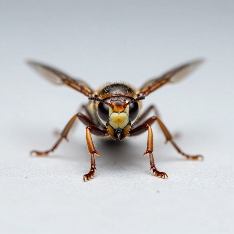 Macro photograph of a European hornet on a neutral light grey background, scientific clarity, sharp focus on the head and thorax, clinical studio lighting.