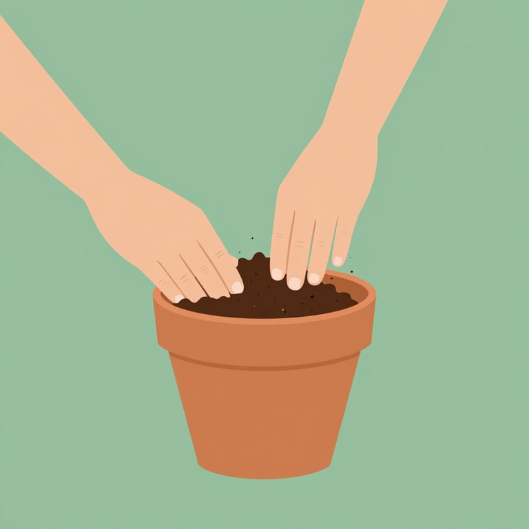 Flat vector illustration of hands gently mixing dark organic soil in a warm terracotta ceramic pot, minimalist botanical design, clean geometric shapes.
