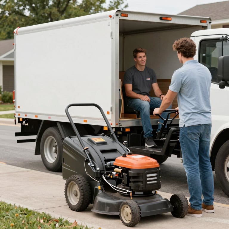 A friendly technician unloading a lawn mower from a truck in a sunny suburban yard.