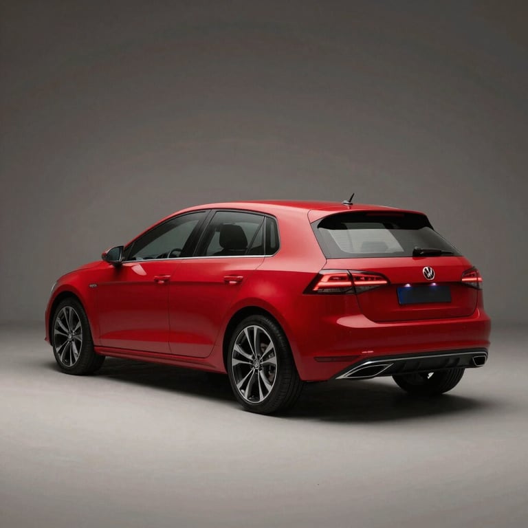 A red hatchback centered in a minimalist studio setting with soft lighting and a professional look.