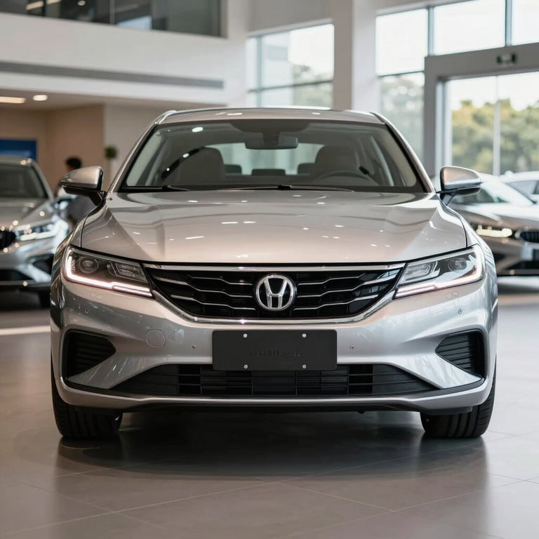 Front view of a silver premium sedan in a modern Latin American showroom with polished floors and natural light.