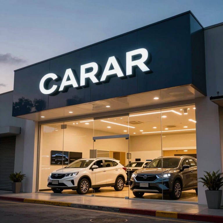 A modern car dealership exterior at dusk in a Latin American city, with warm interior lights and professional signage.