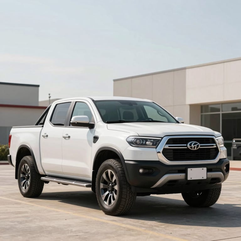 A white pickup truck parked in a clean, urban outdoor setting under bright daylight, highlighting durability.