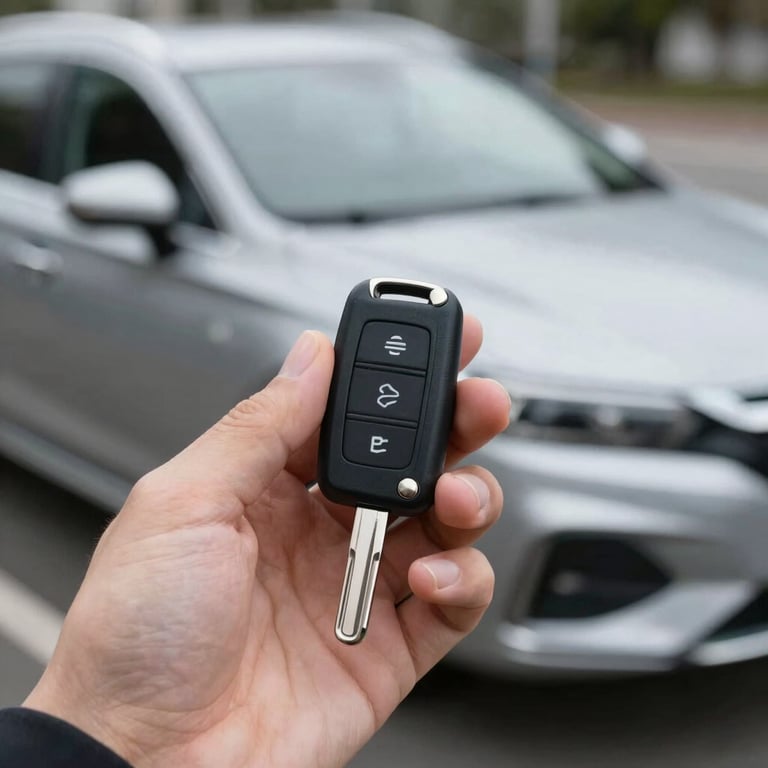 A close-up shot of a professional hand holding a car key fob in front of a blurred background of a modern vehicle.