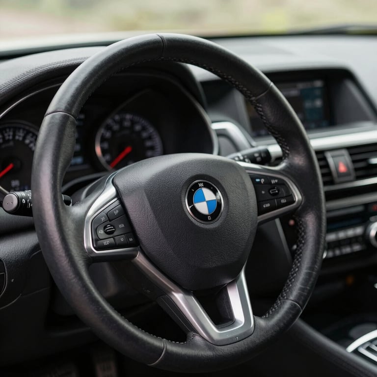 Detail of a clean, well-maintained car dashboard and leather steering wheel, showing the quality of the inventory.