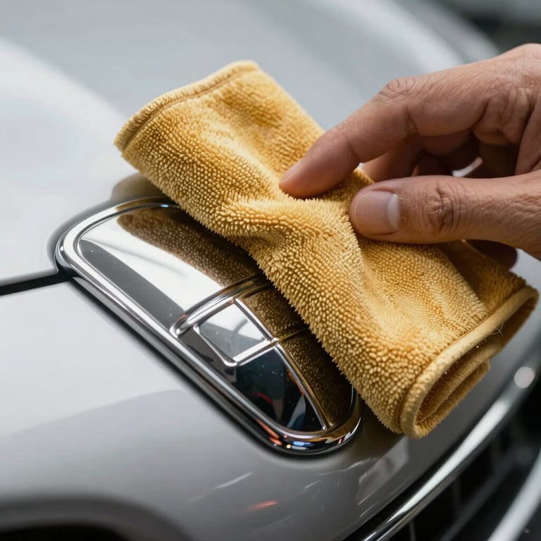 Extreme close-up of a gold-colored micro-fiber cloth polishing a silver car emblem in a bright workshop.