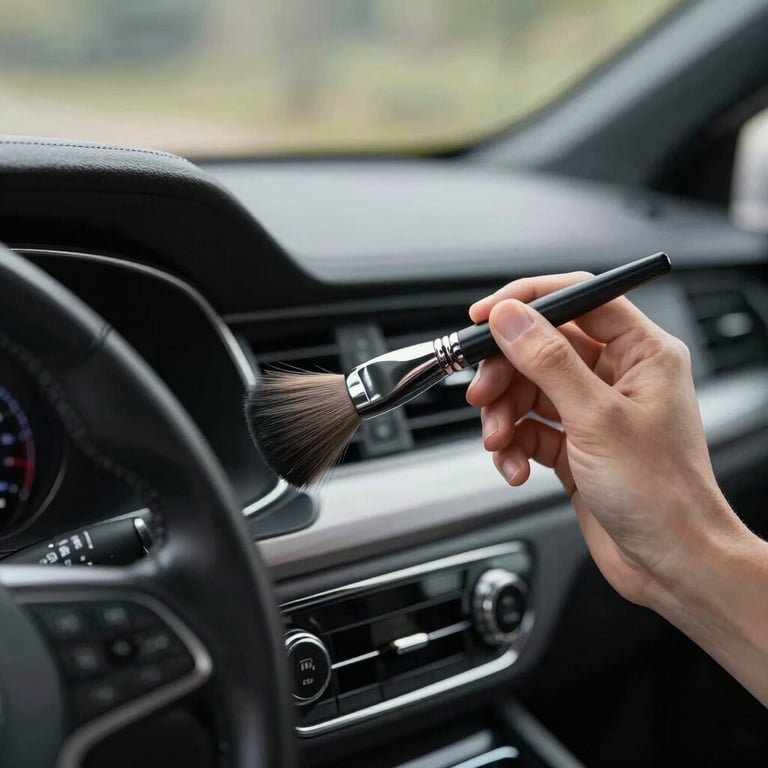 Interior detailing of a luxury car dashboard using a fine brush, soft lighting, Western European setting.