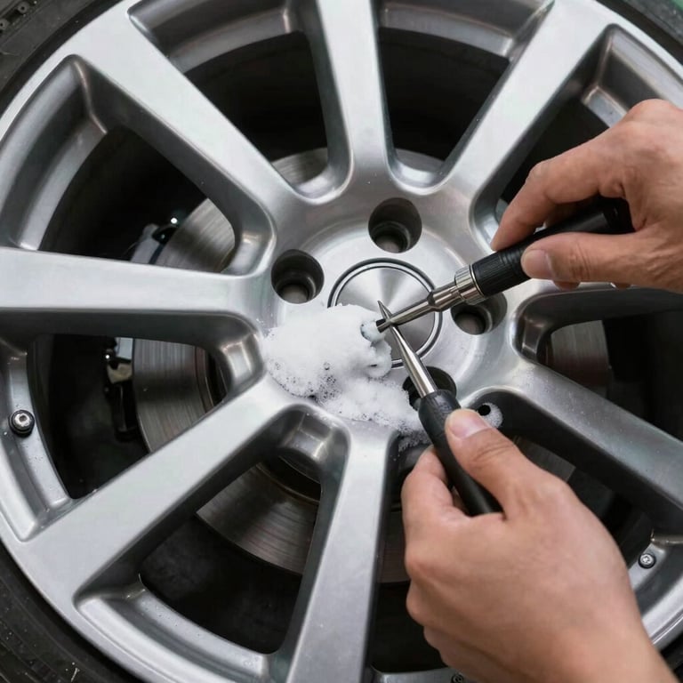 The process of cleaning a multi-spoke alloy wheel with precision tools and high-quality foam.