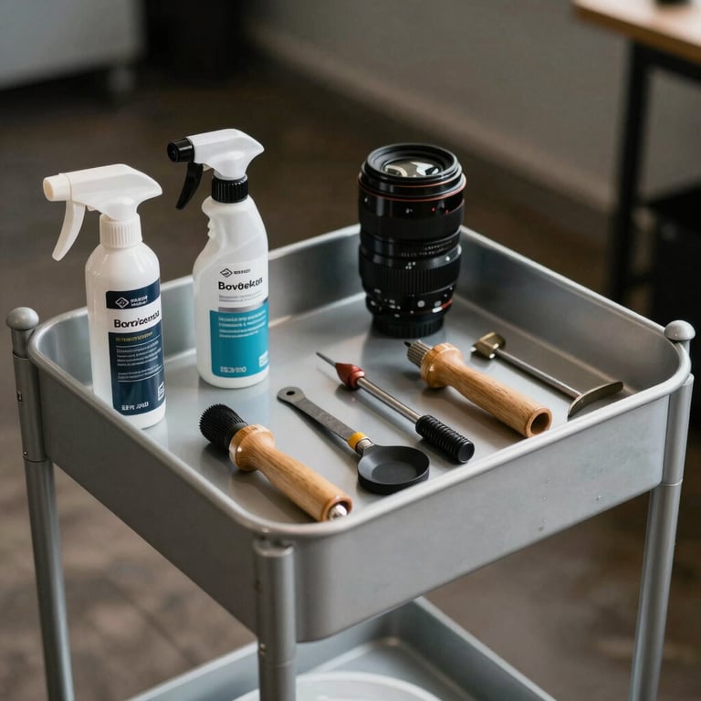 Professional detailing spray and tools neatly organized on a silver minimalist cart.
