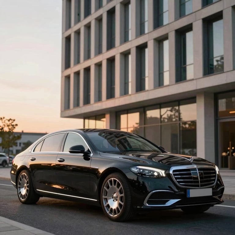 A finished luxury sedan parked in front of a modern architectural building in France at sunset.