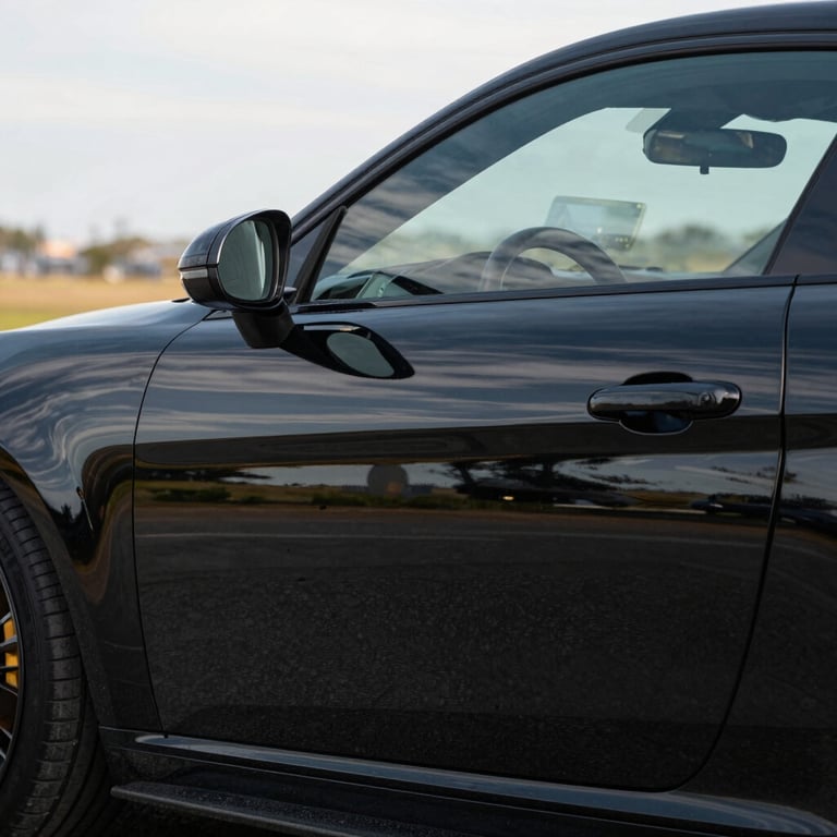 Side profile of a black sports car with a perfect mirror reflection on the door panels.