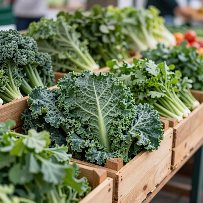 A vibrant outdoor farmer's market stall with wooden crates filled with matte forest green (#2A5F43) kale and fresh herbs.