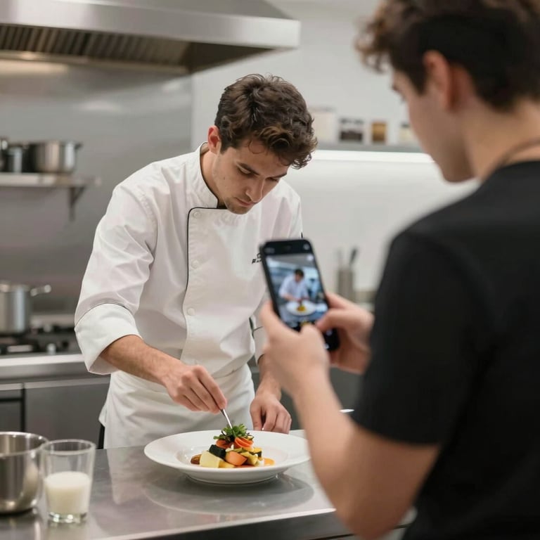 A social media manager capturing a short video of a chef garnishing a dish in a high-end, minimalist kitchen environment.