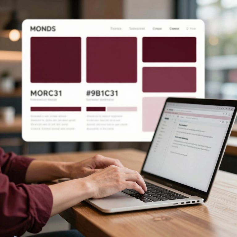 A content strategist's hands typing on a laptop in a modern cafe, next to a mood board featuring deep ripe crimson (#9B1C31) color swatches.