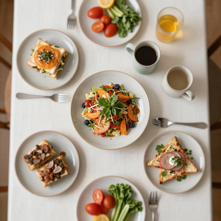 An overhead 'flat lay' of a beautifully styled lunch table with artisanal plates, ceramic mugs, and fresh ingredients.