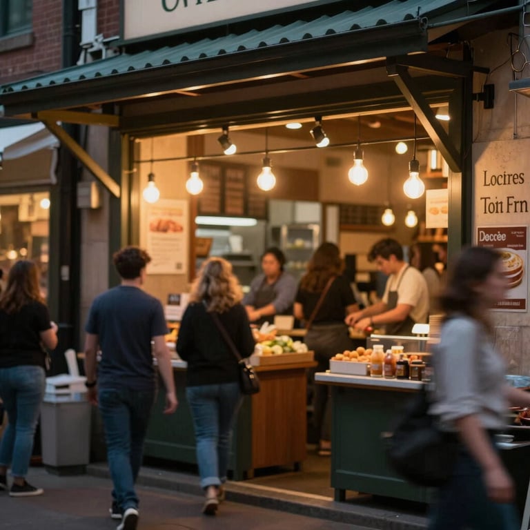 Warm, inviting shot of a local food market entrance at twilight, with glowy incandescent bulbs and a sophisticated community feel.