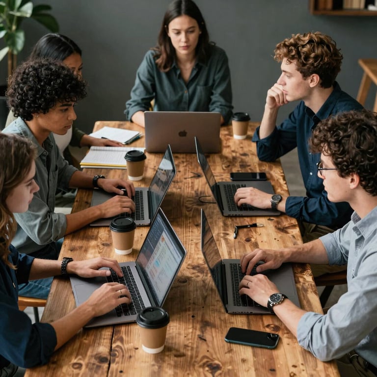A digital marketing team collaborating around a rustic table with coffee and laptops.