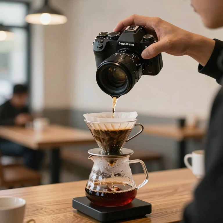 A handheld shot of a camera filming a pour-over coffee in a cozy modern cafe.