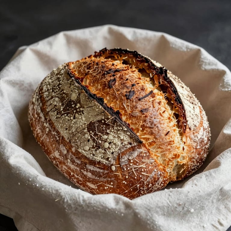 A basket of freshly baked artisanal sourdough bread on a Crisp Parchment cloth.