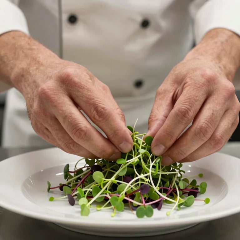 Close-up of a chef's hands artfully arranging micro-greens on a plate. North American / European kitchen.