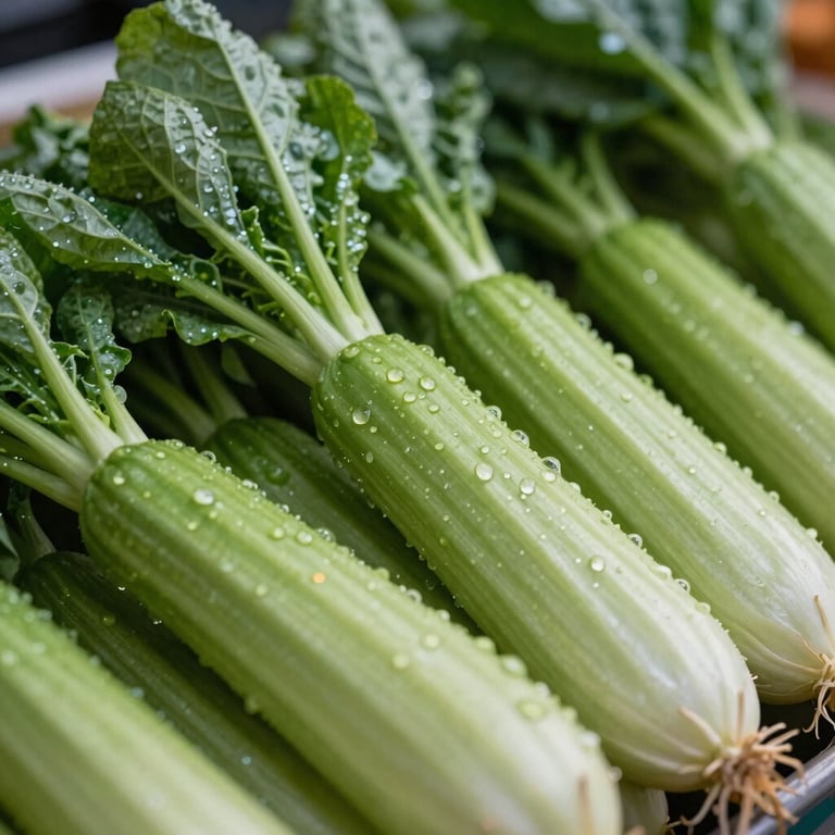 Macro shot of fresh, dew-covered vegetables at a local farmer's market. North American / European context.