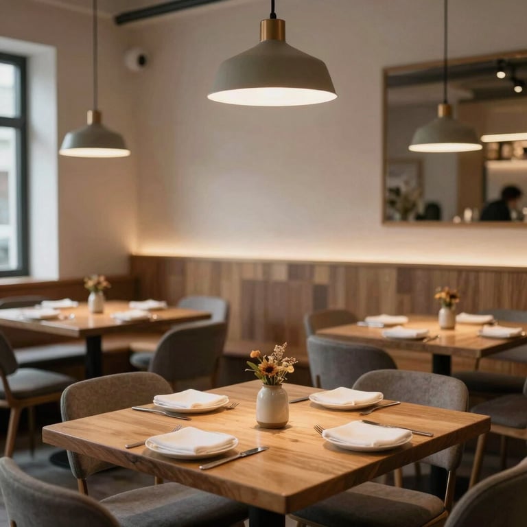 A stylish restaurant interior with warm lighting and wooden tables in a Scandinavian style.