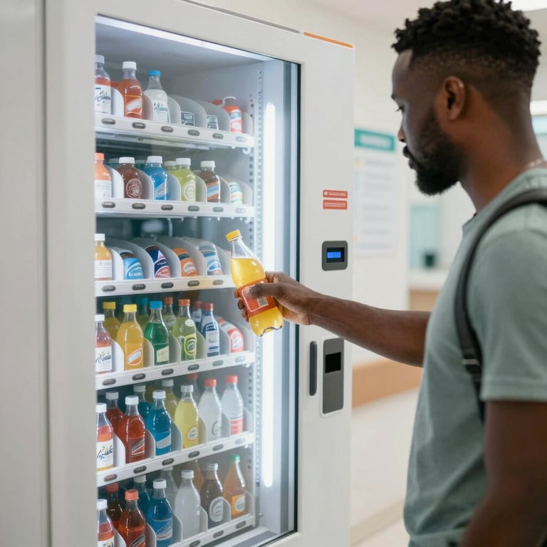 A sleek vending machine filled with snacks and drinks, set against a sunny Florianópolis street backdrop.