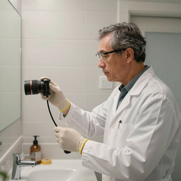 A professional mold inspector in clean uniform checking a bathroom in a North American home.