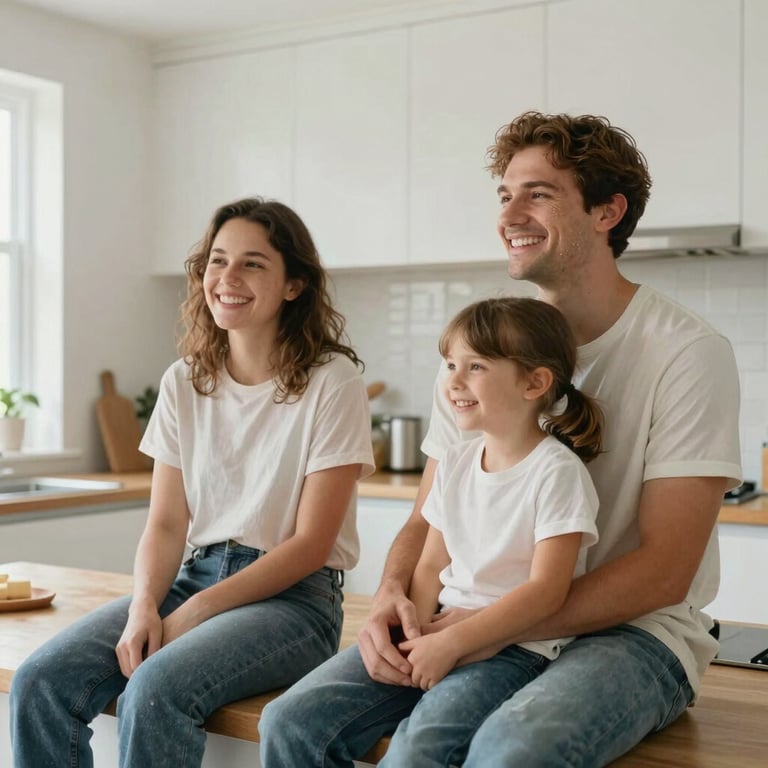 A happy family relaxing in a bright, clean, mold-free kitchen environment.
