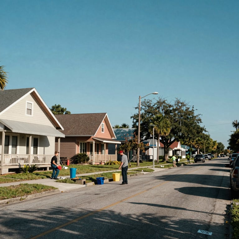 An Orlando neighborhood street under a clear blue sky, emphasizing local community service.