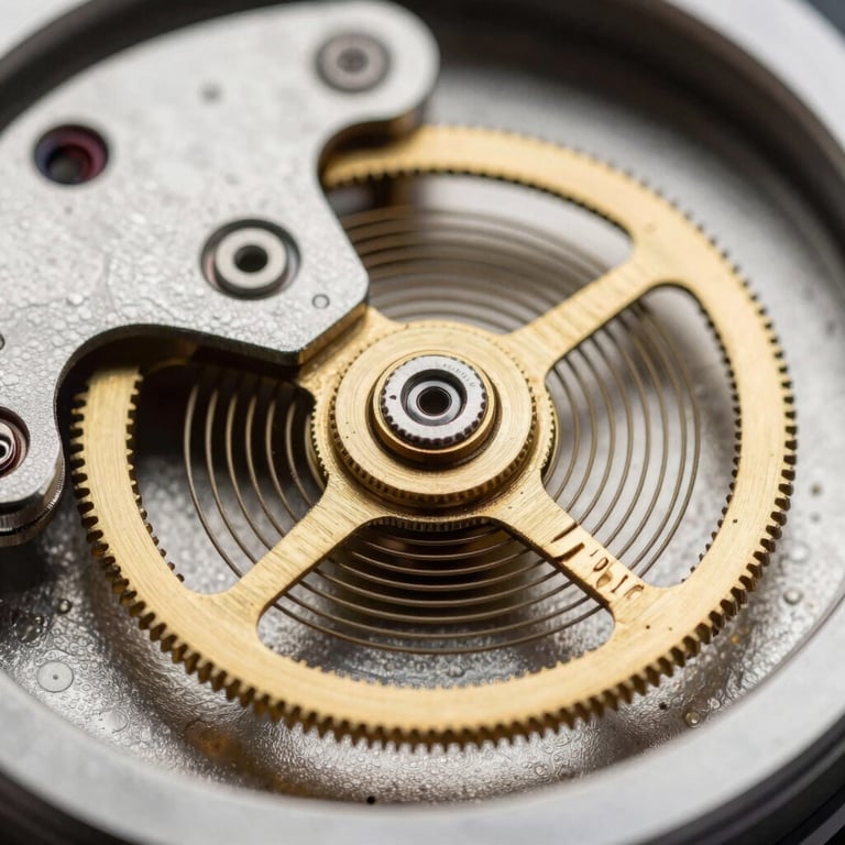 Macro photography of a mechanical escapement and hairspring in motion, featuring subtle gold tones.