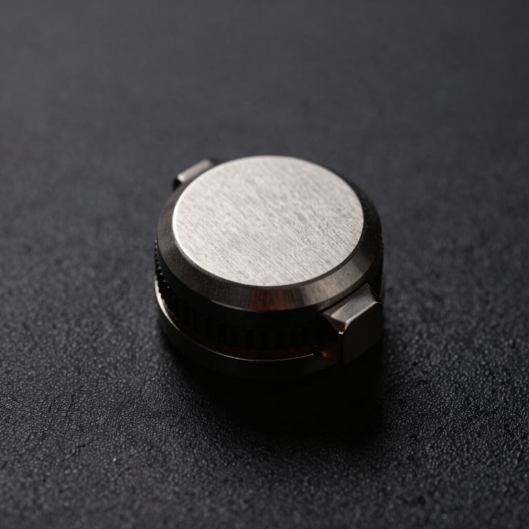 A minimalist composition of a luxury watch crown with a subtle brand engraving, surrounded by deep charcoal shadows.