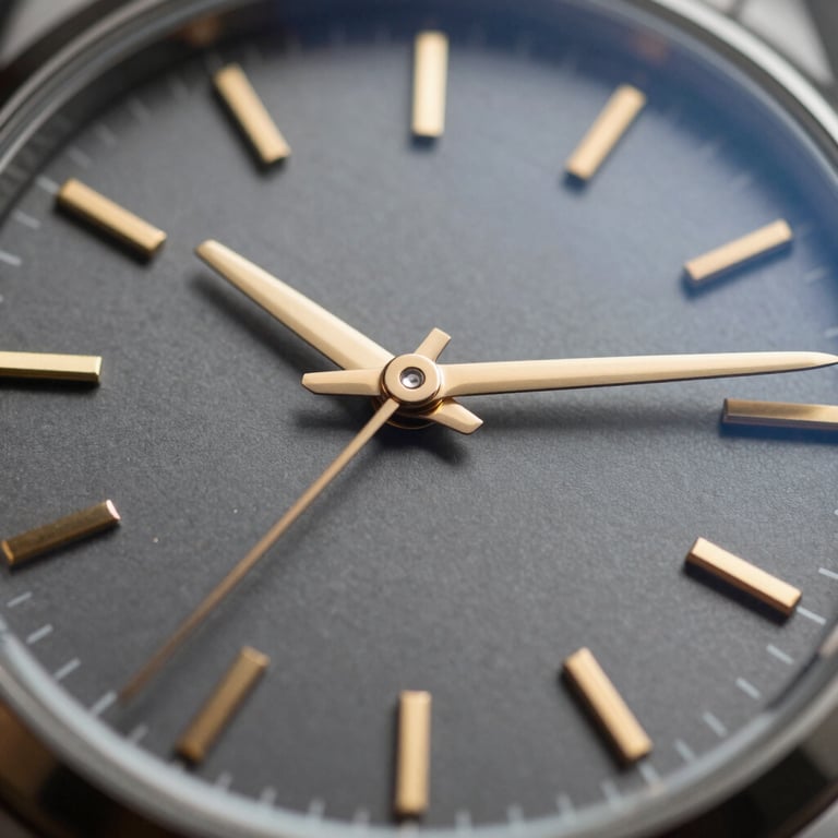 Macro shot of a sunburst watch dial in slate grey with applied gold markers, shallow depth of field.