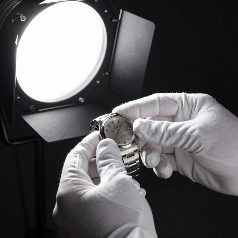 A pair of hands in white gloves handling a stainless steel watch case under a bright, focused studio light.